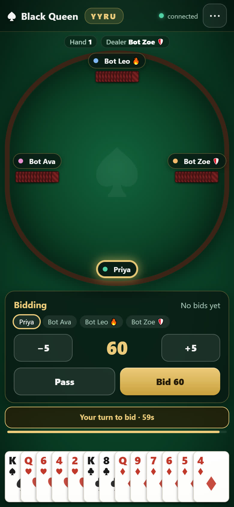 Black Queen on a phone: the bidding screen with a hand of cards